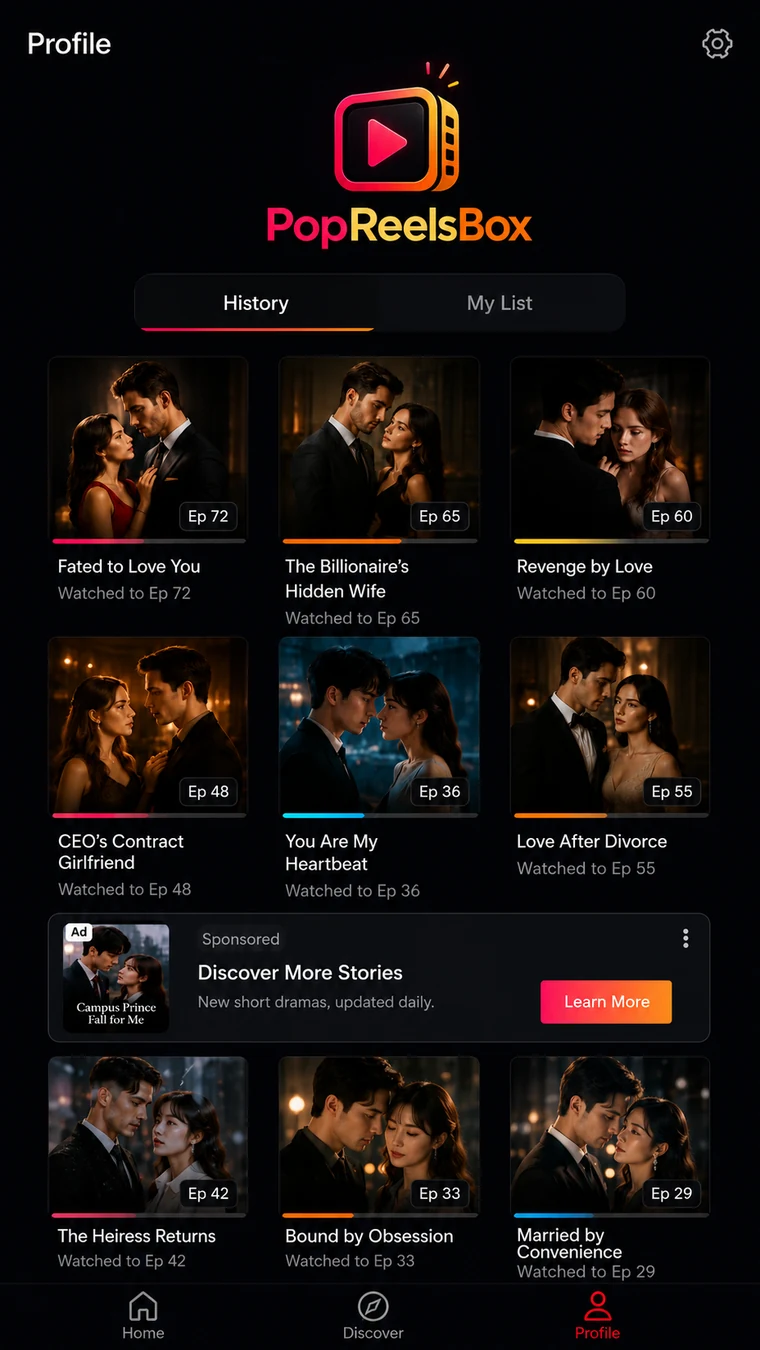 PopReelsBox profile history screen