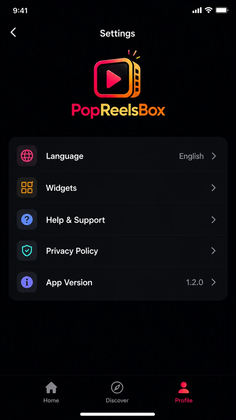 PopReelsBox settings screen